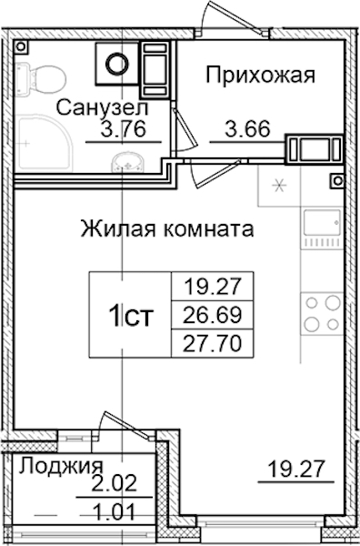 Квартира студия 27.7 м², 2/9 эт., ЖК «Квартал Заречье»